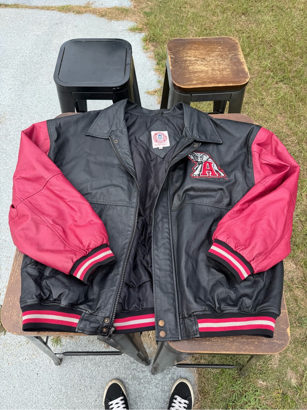 Black and crimson Leather Bomber Jacket with Varsity Patch - Essex